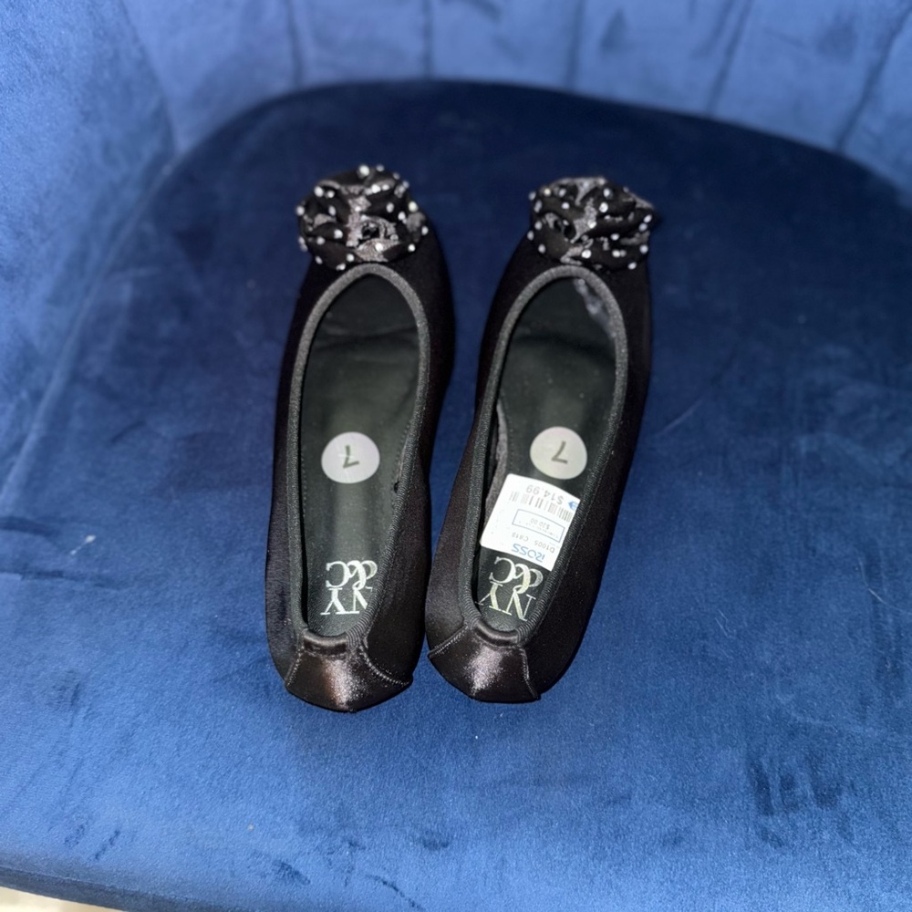 Black Satin Women's Flats with Embellished Toe